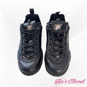 Fila Women's Disrupter Black Leather Sneakers, Laced Copper Logo Studs